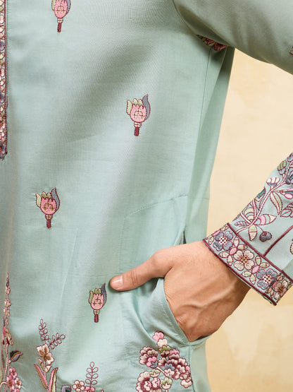 Premium Pista Green Embroidered Viscose Silk Kurta and Dupatta for Men