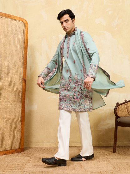 Premium Pista Green Embroidered Viscose Silk Kurta and Dupatta for Men