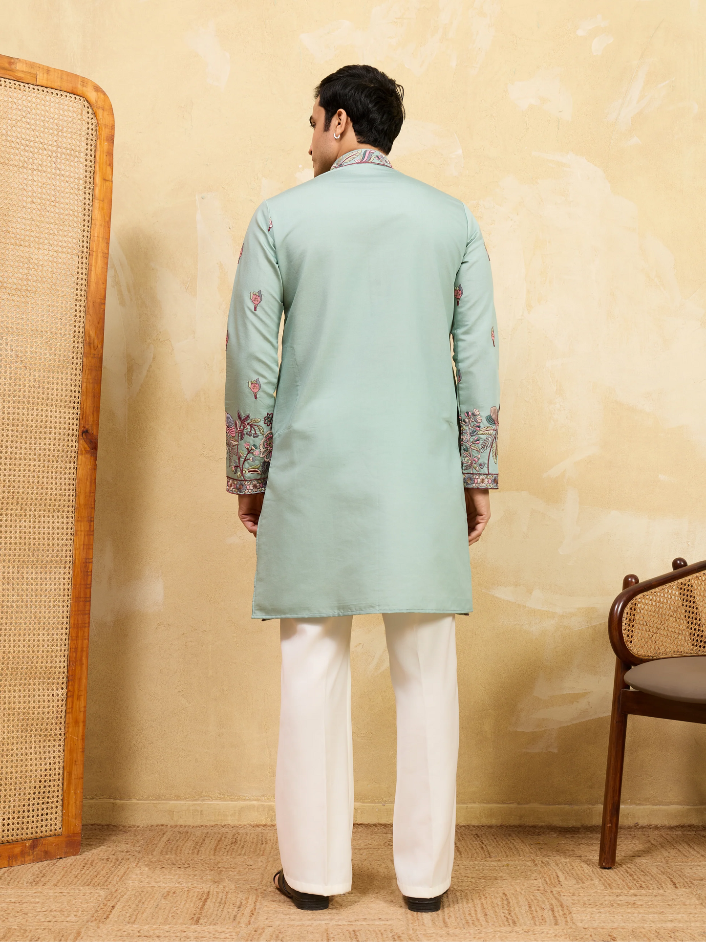 Premium Pista Green Embroidered Viscose Silk Kurta and Dupatta for Men