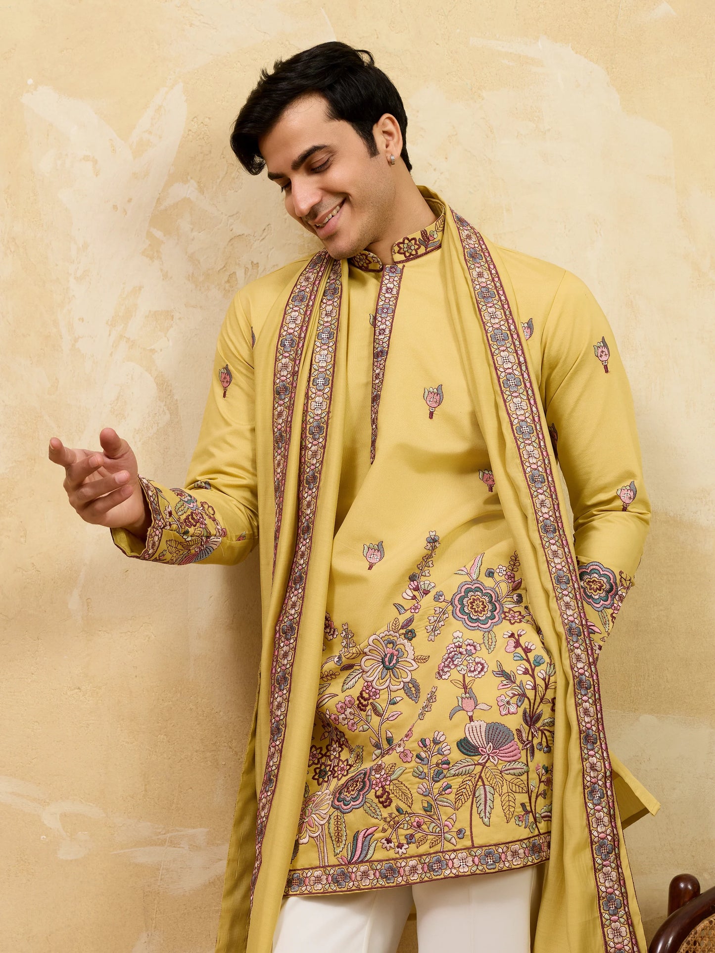 Radiant Yellow Viscose Silk Embroidered Kurta with Dupatta