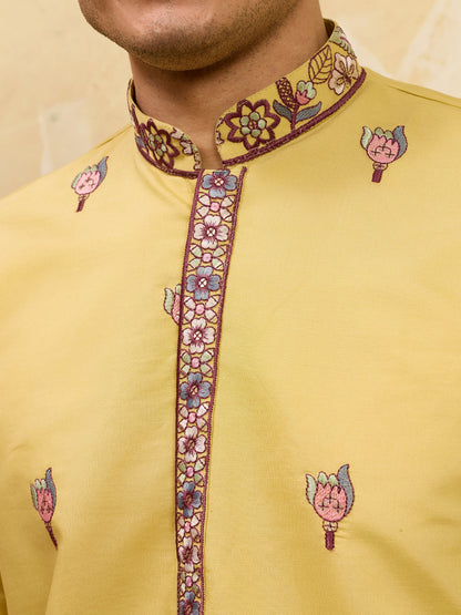 Radiant Yellow Viscose Silk Embroidered Kurta with Dupatta