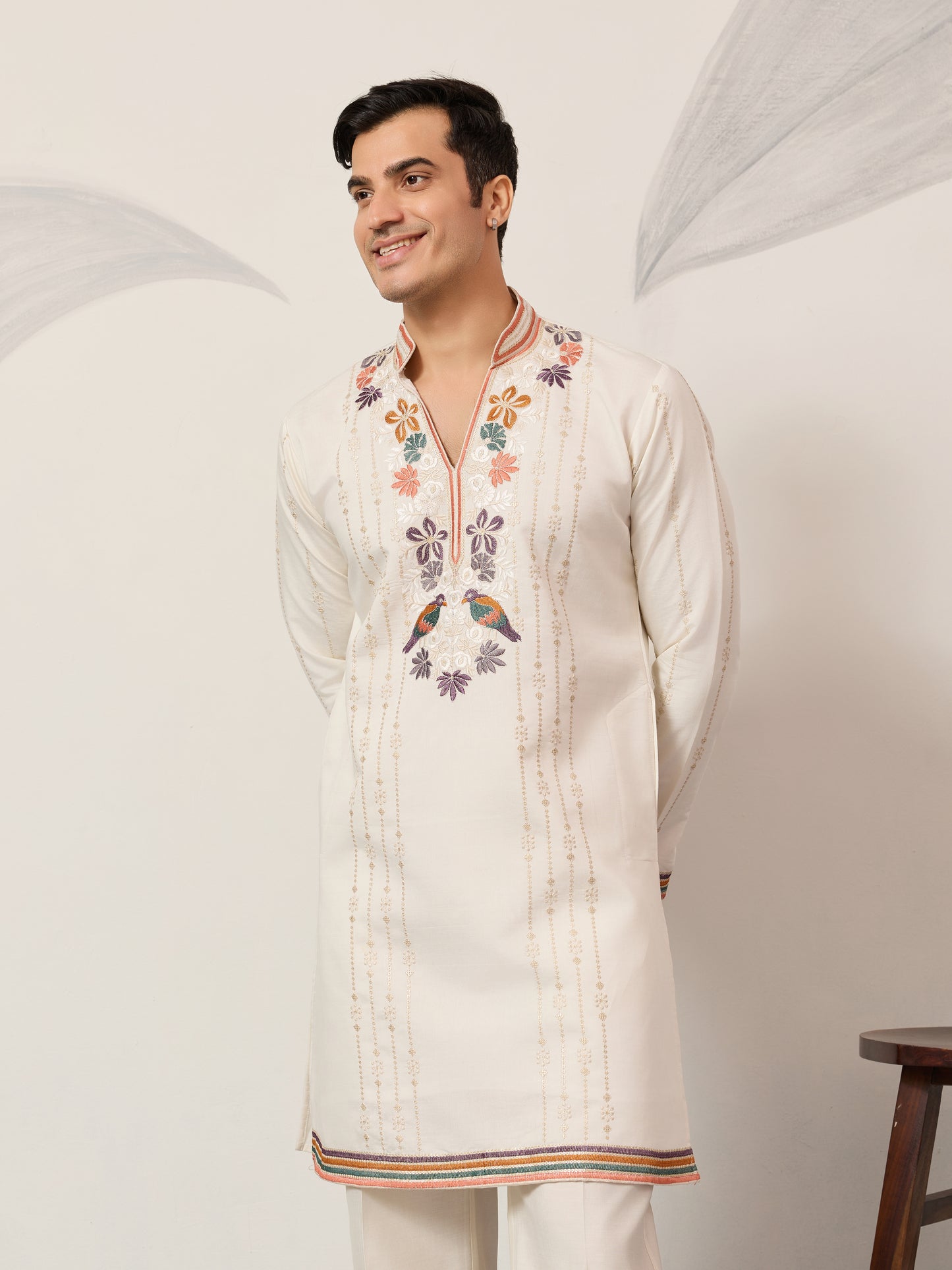 Luxury White V Neck Kurta Pant for Festive Wear