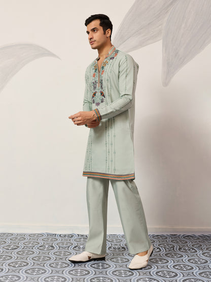 Ethnic Pista V Neck Kurta Pant Set for Mens Wear