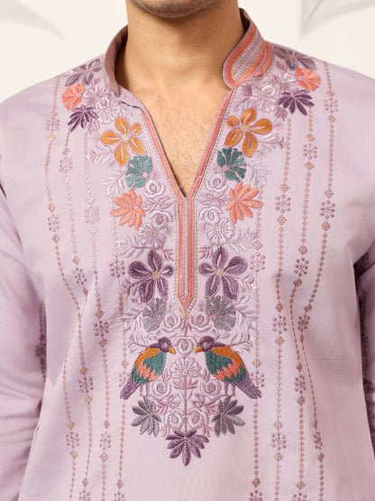 Royal Look Lavender V Neck Kurta Pant for Mens Wear