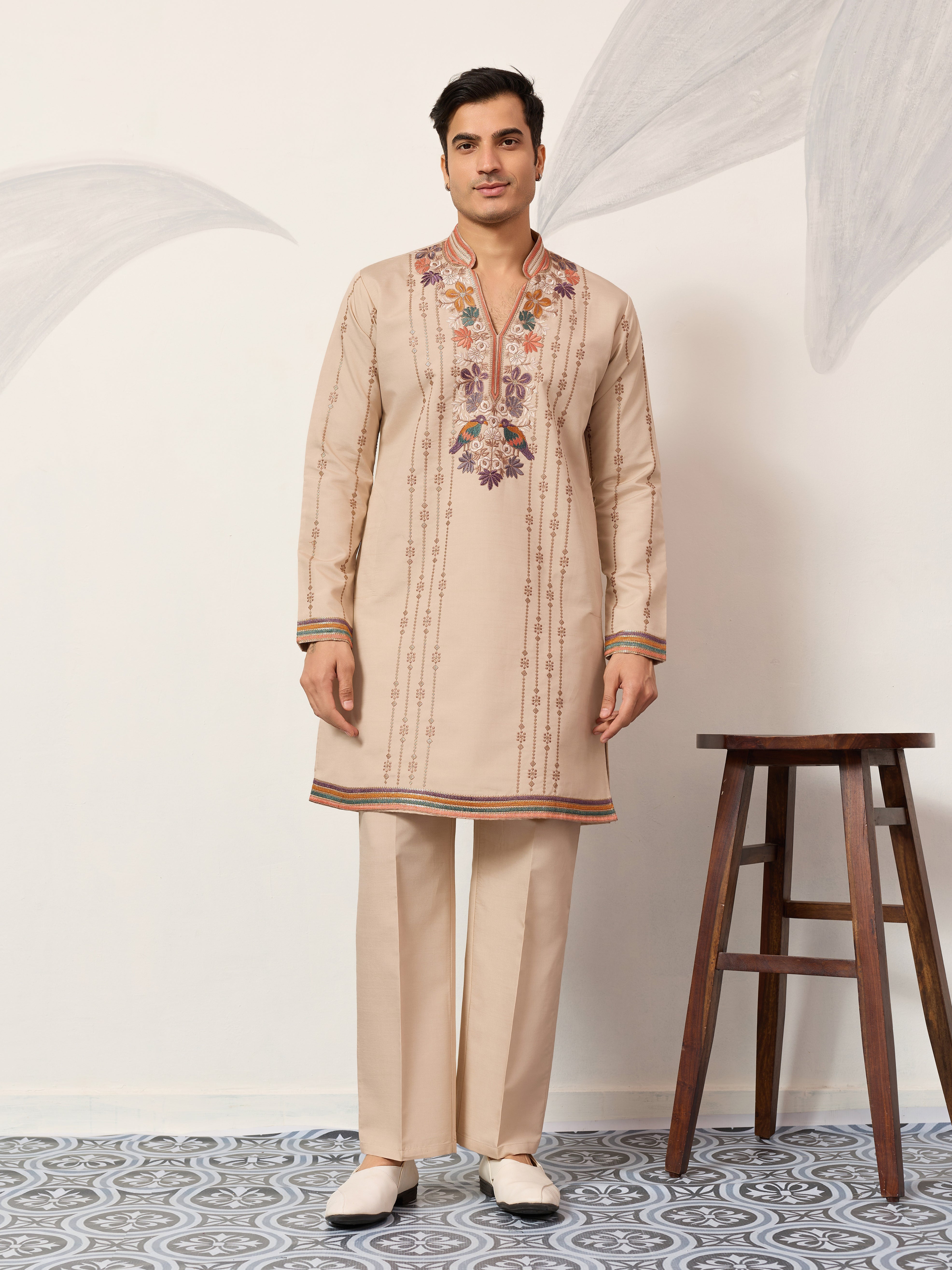 Premium Beige Embroidered V Neck Kurta Pant Set