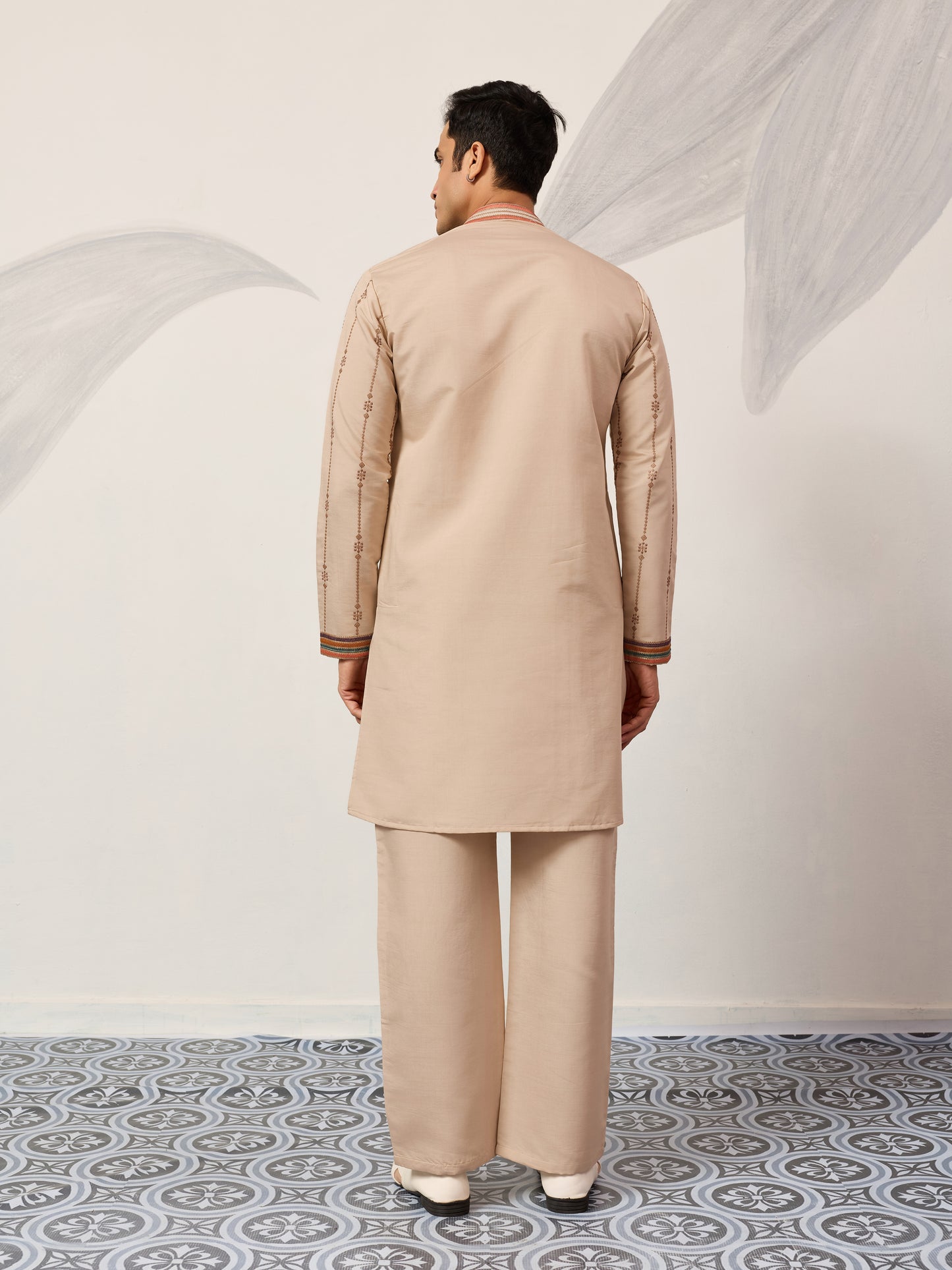Premium Beige Embroidered V Neck Kurta Pant Set
