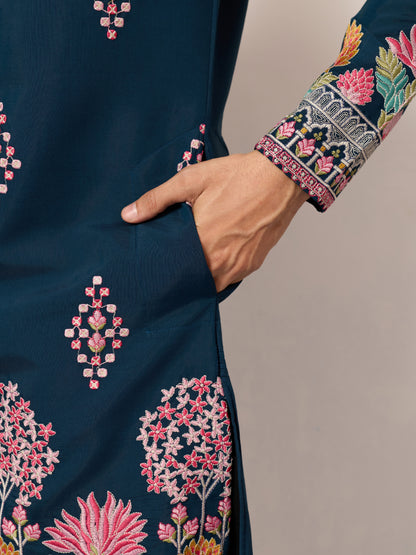 Indian Wedding Style Exclusive Teal Blue Kurta for Mens