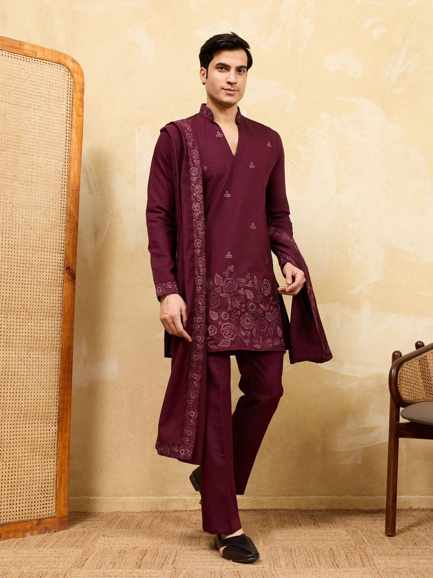 Royal Wine Viscose Silk Thread & Sequence Work Kurta & Dupatta Set