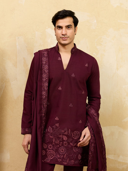 Royal Wine Viscose Silk Thread & Sequence Work Kurta & Dupatta Set