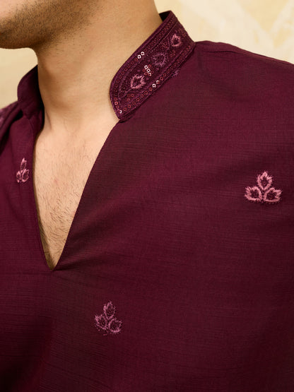 Royal Wine Viscose Silk Thread & Sequence Work Kurta & Dupatta Set