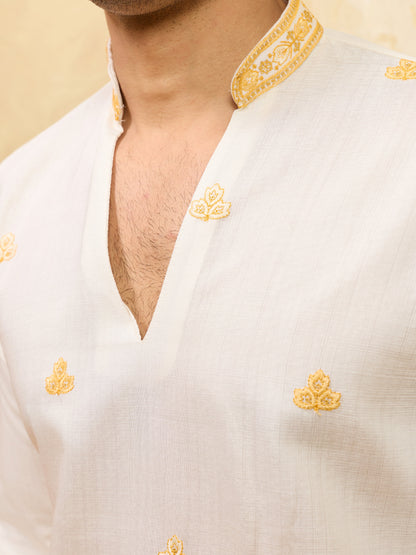 White Viscose Silk Kurta Dupatta Set With Yellow Embroidery Work