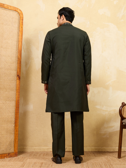 Olive Green Mirror Embroidered Kurta with Pant for Special Occasions
