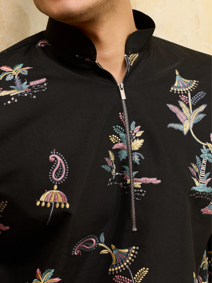 Luxury Black Viscose Silk Thread Work Kurta Set For Festive Wear
