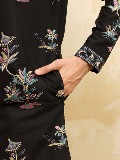 Luxury Black Viscose Silk Thread Work Kurta Set For Festive Wear