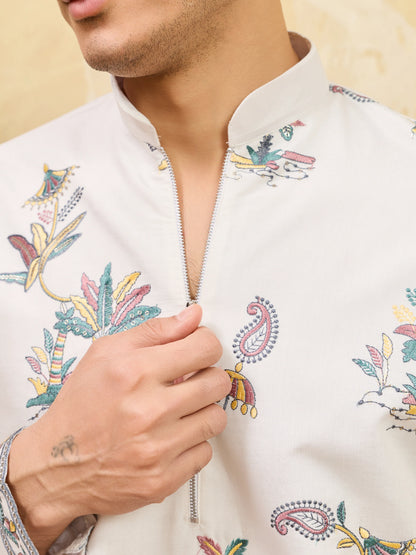 Classic White Viscose Silk Kurta Set with Fine Thread Work
