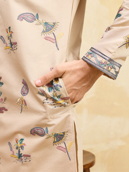 Graceful Beige Viscose Silk Kurta and Pant Set for Special Occasions