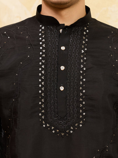 Luxury Black Viscose Silk Embroidered Kurta & Pant