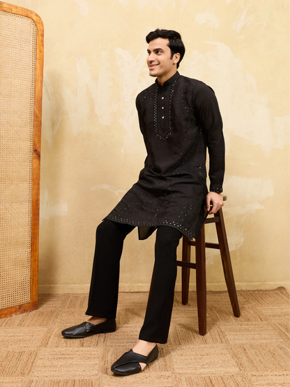 Luxury Black Viscose Silk Embroidered Kurta & Pant