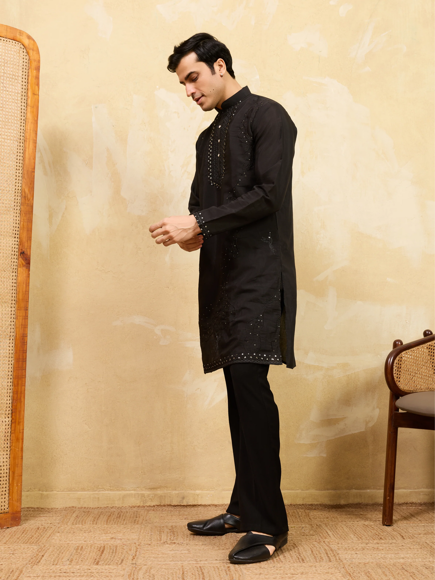 Luxury Black Viscose Silk Embroidered Kurta & Pant