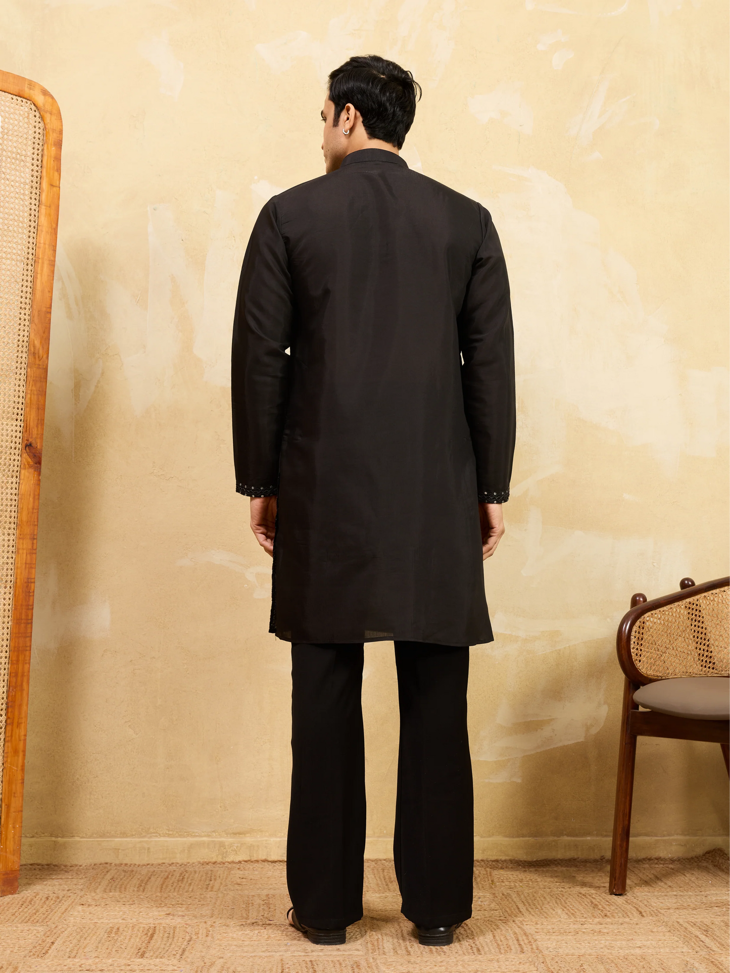Luxury Black Viscose Silk Embroidered Kurta & Pant