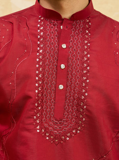 Royal Red Viscose Silk Kurta & Pant Set with Rich Embroidery