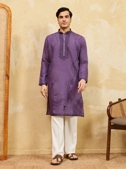 Luxury Purple Viscose Silk Embroidered Work Kurta Pant Set