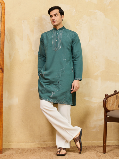 Premium Rama Green Viscose Silk Embroidered Kurta Pant Set