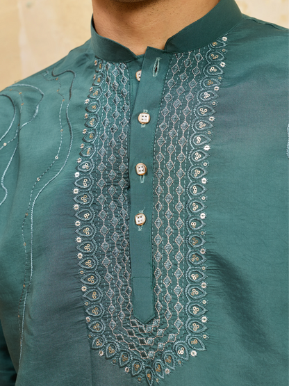 Premium Rama Green Viscose Silk Embroidered Kurta Pant Set