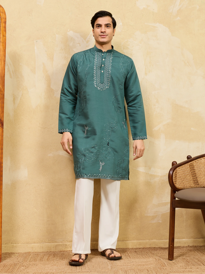 Premium Rama Green Viscose Silk Embroidered Kurta Pant Set