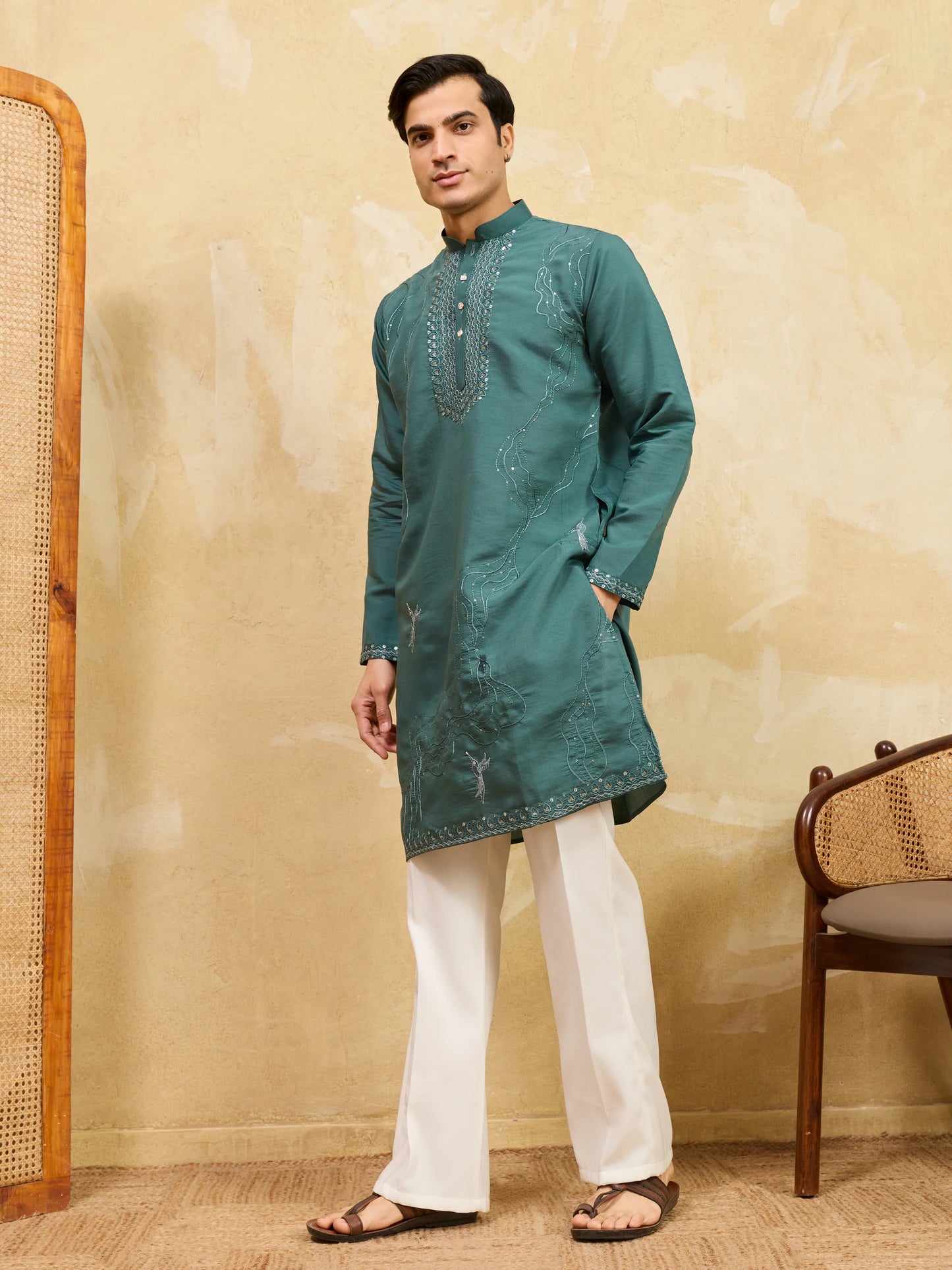 Premium Rama Green Viscose Silk Embroidered Kurta Pant Set