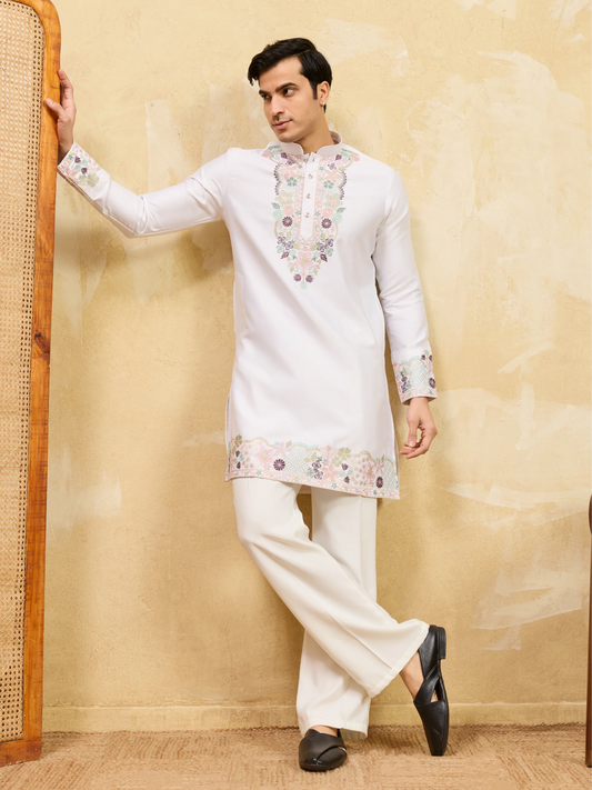 Classic White Thread Work Kurta And Pant Set For Festive Wear