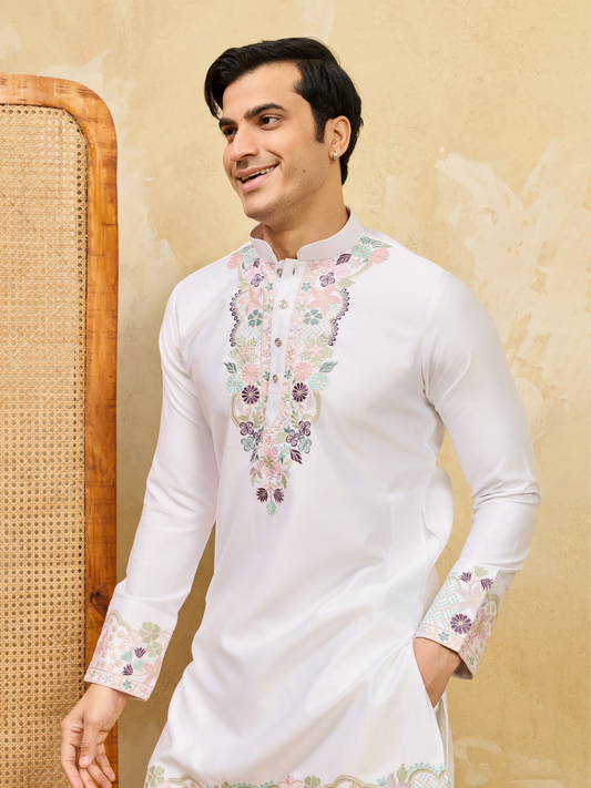 Classic White Thread Work Kurta And Pant Set For Festive Wear