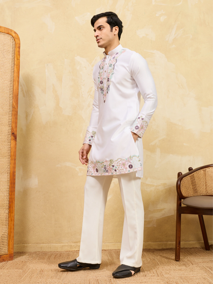 Classic White Thread Work Kurta And Pant Set For Festive Wear