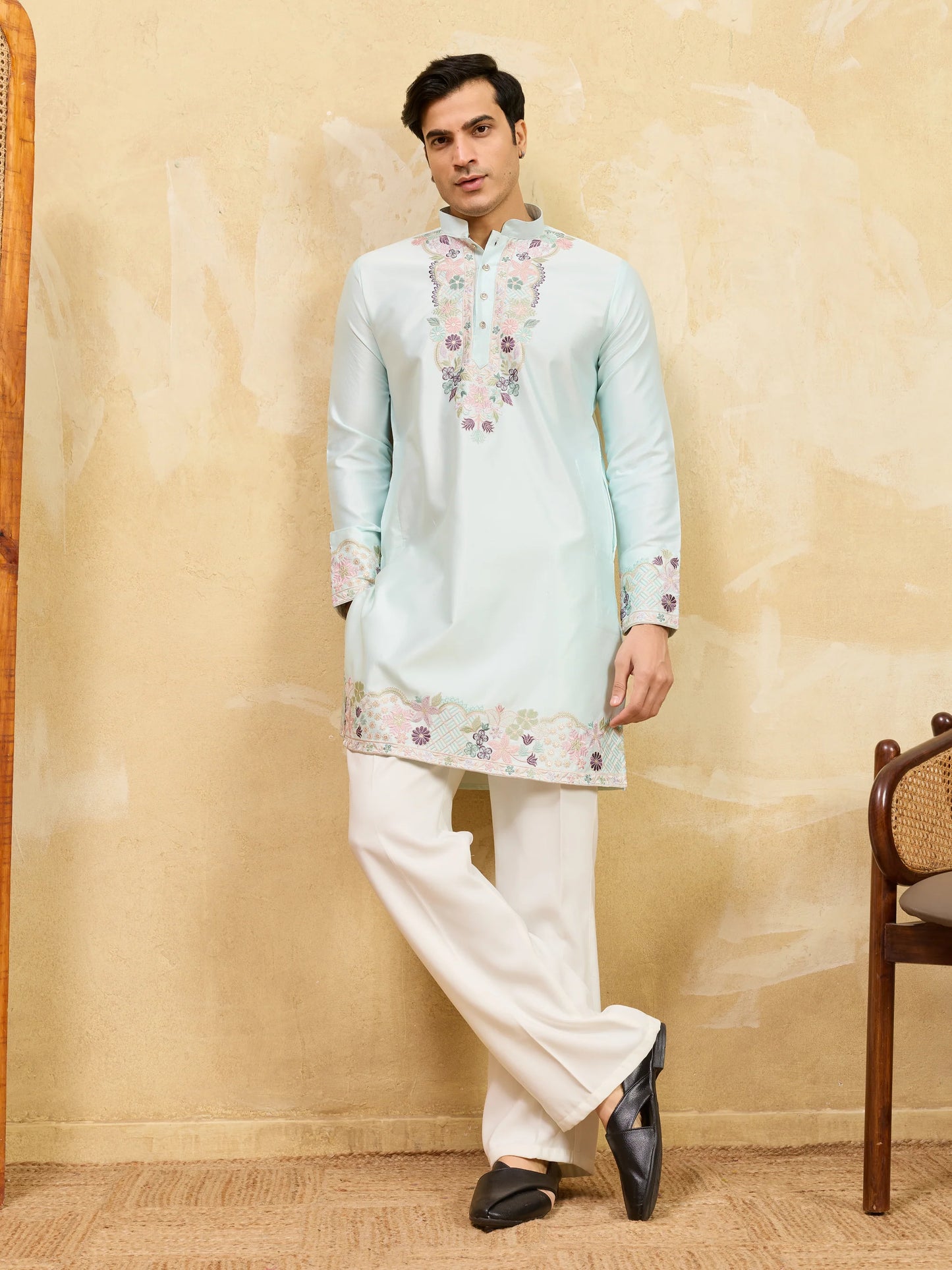 Elegant Light Green Viscose Silk Thread Work Kurta Set For Special Occasion