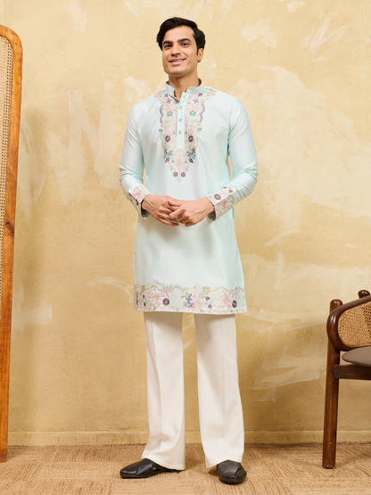 Elegant Light Green Viscose Silk Thread Work Kurta Set For Special Occasion