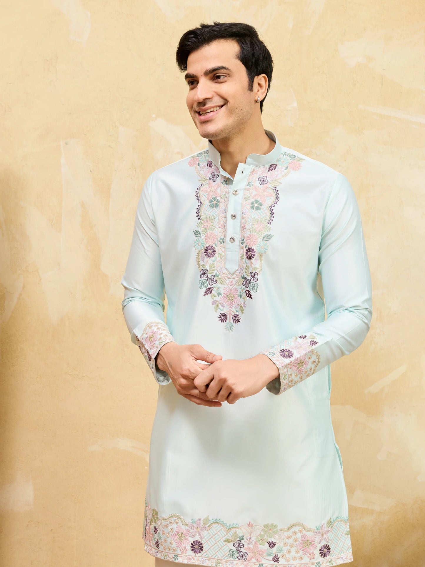 Elegant Light Green Viscose Silk Thread Work Kurta Set For Special Occasion