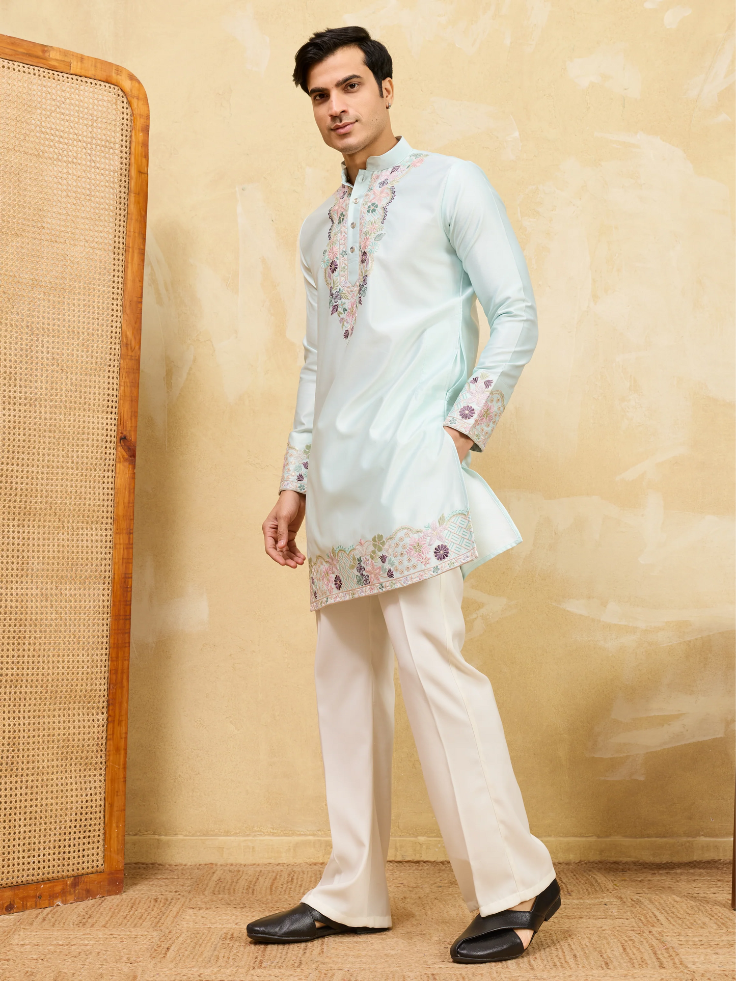 Elegant Light Green Viscose Silk Thread Work Kurta Set For Special Occasion