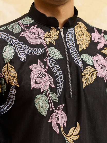 Premium Black Floral Embroidered Men’s Kurta Set For Wedding