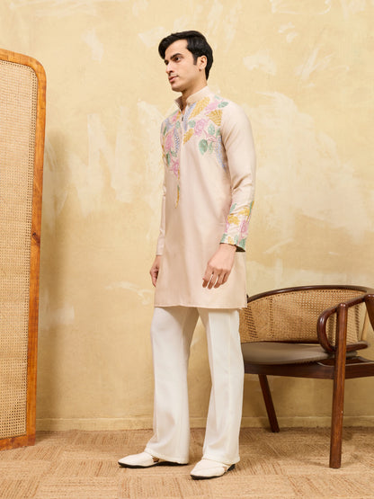 Classic Beige Floral Embroidered Kurta Set For Festive Occasions