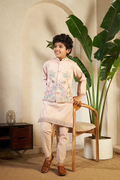 Beige Traditional embroidered Koti Kurta for boys