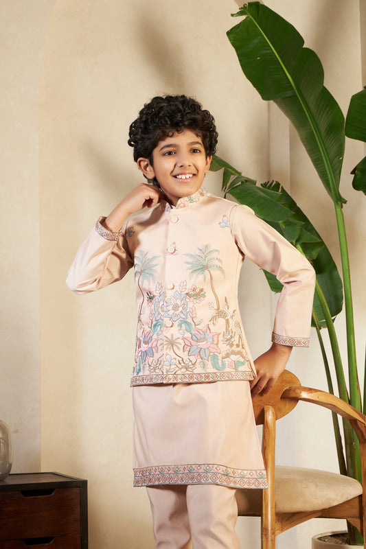 Beige Traditional embroidered Koti Kurta for boys