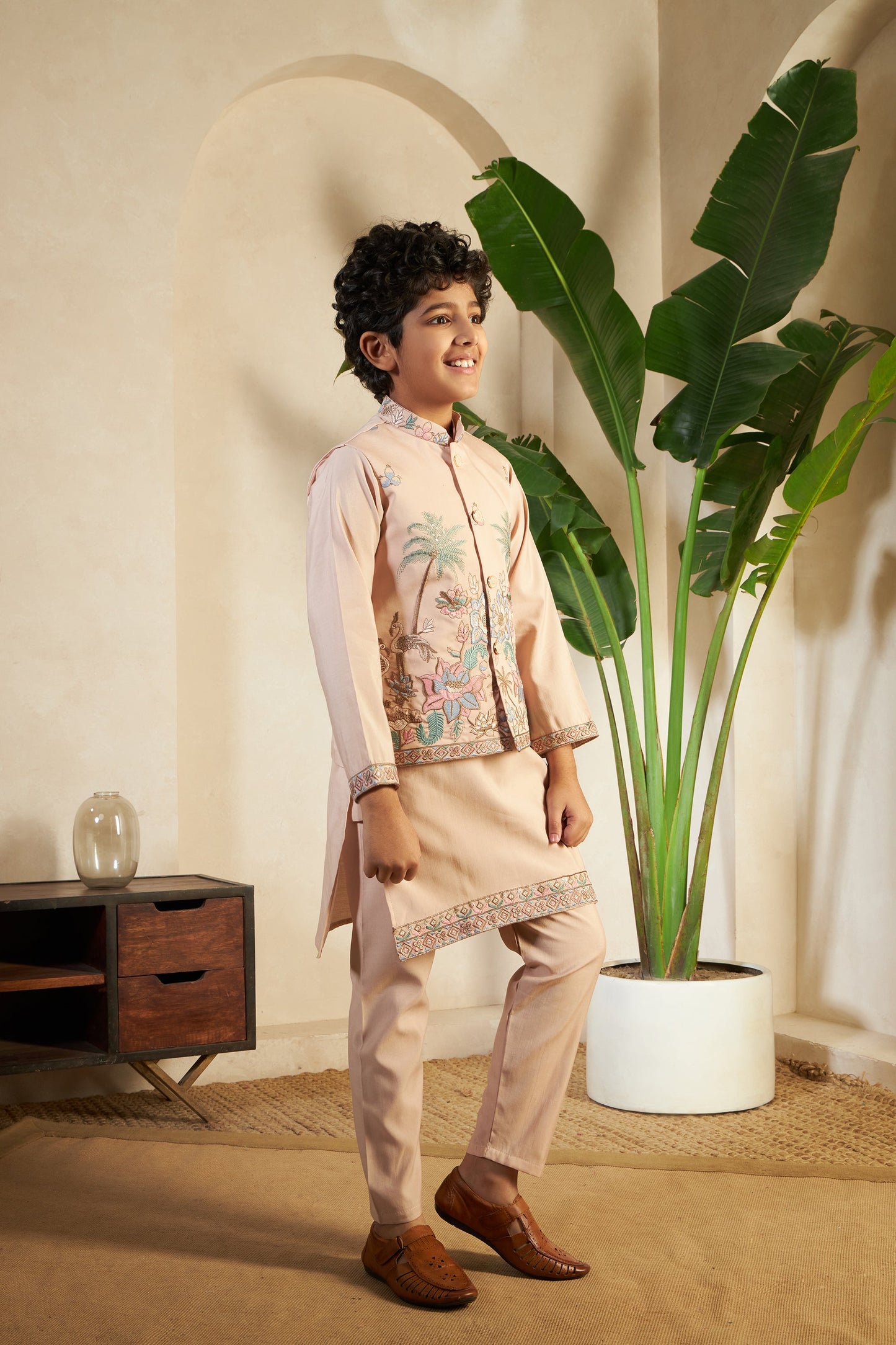 Beige Traditional embroidered Koti Kurta for boys