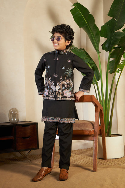 Magic Black Embroidered Koti Kurta Set For Boys
