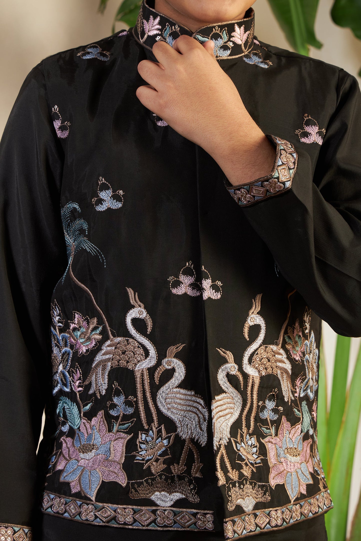 Magic Black Embroidered Koti Kurta Set For Boys