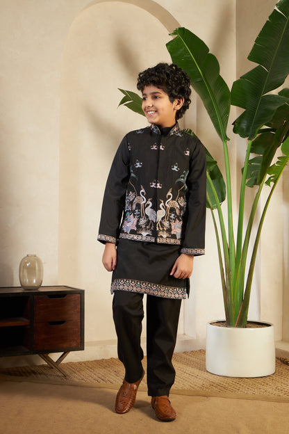 Magic Black Embroidered Koti Kurta Set For Boys