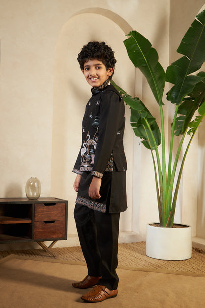 Magic Black Embroidered Koti Kurta Set For Boys