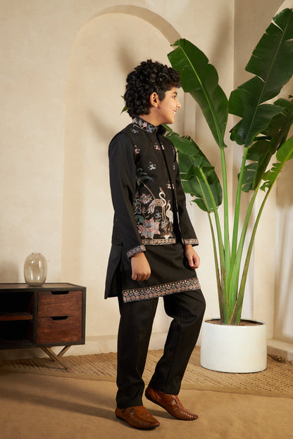 Magic Black Embroidered Koti Kurta Set For Boys