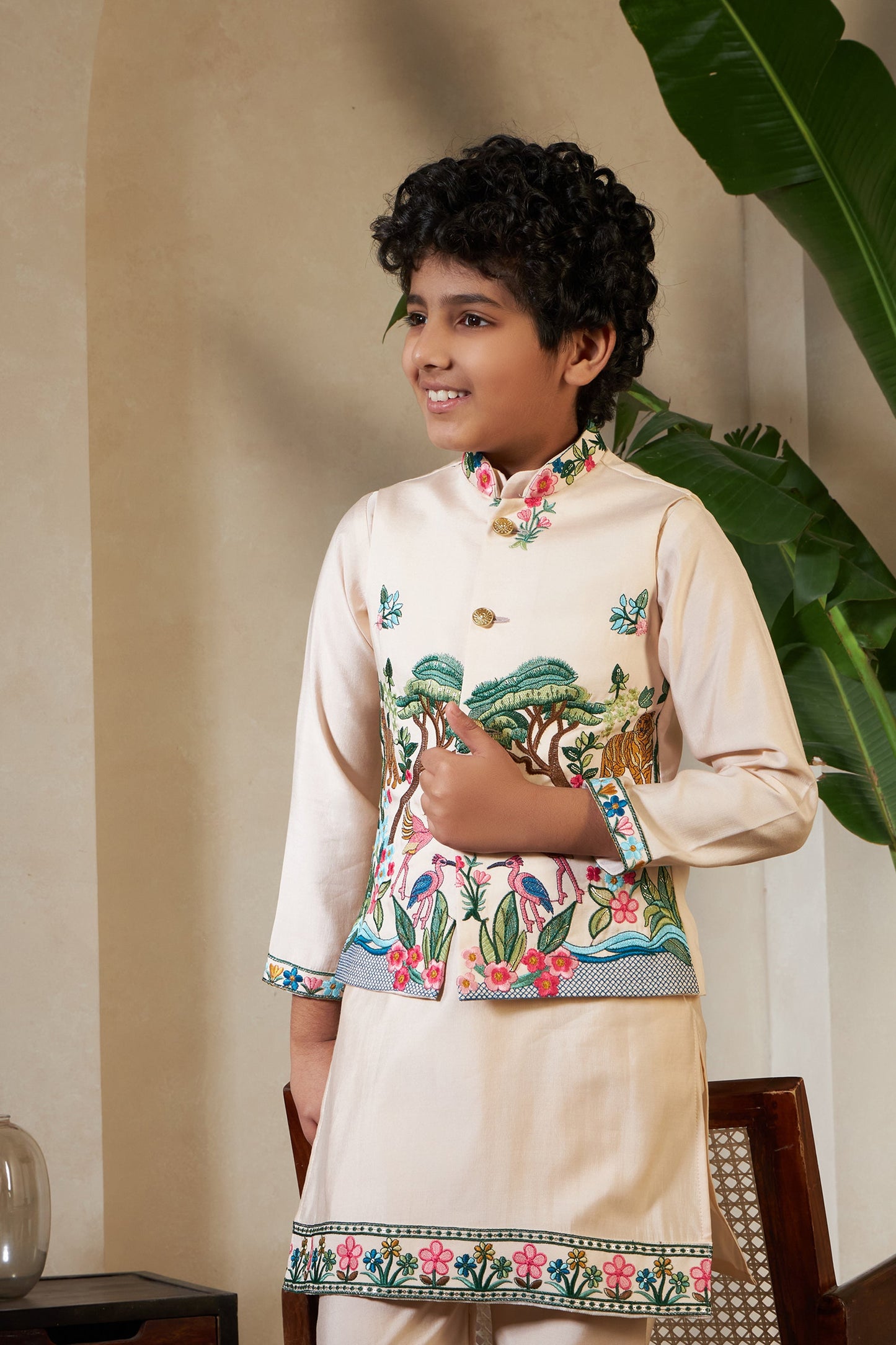 Beige Viscose Silk Embroidered Kurta with Koti Set for Kids