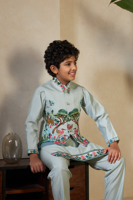 Kids Pista Viscose Silk Kurta Set with Embroidered Koti