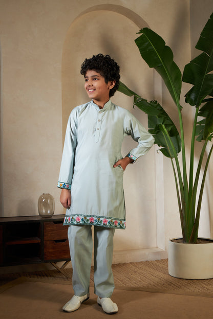 Kids Pista Viscose Silk Kurta Set with Embroidered Koti
